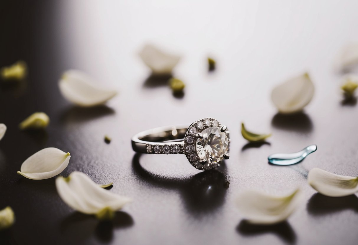 An engagement ring sits on a table, surrounded by scattered petals and a single tear