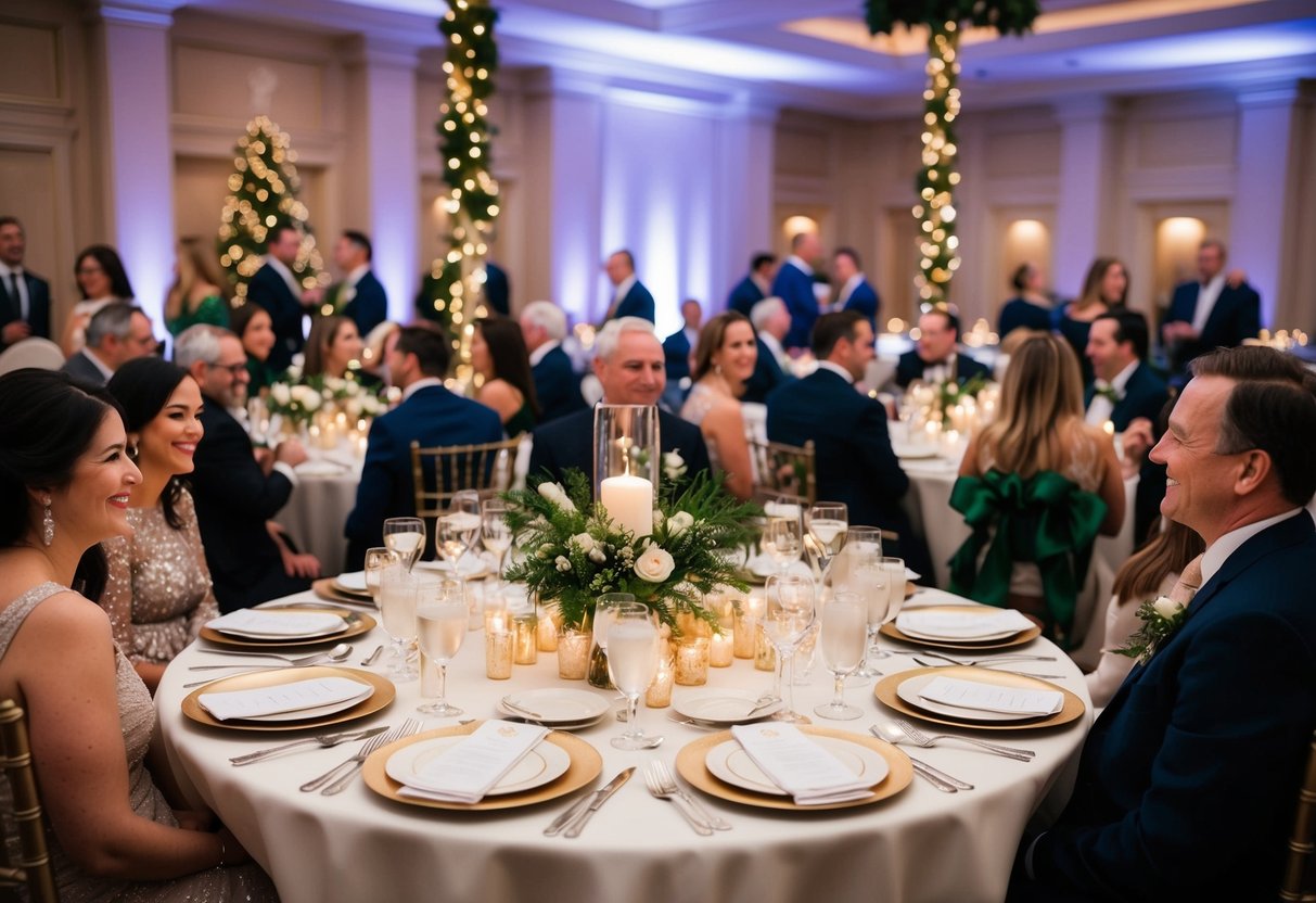 A table set with elegant place settings, surrounded by festive decorations and filled with guests enjoying a celebratory reception