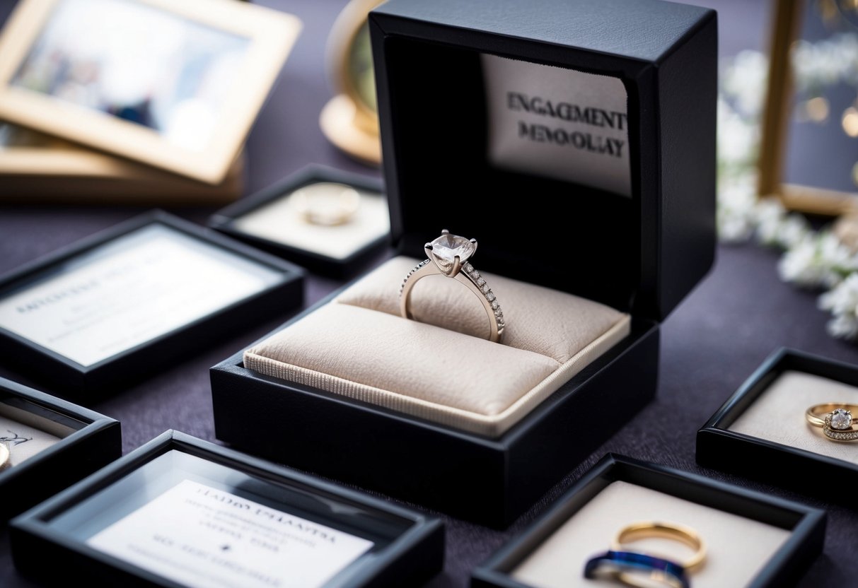 The engagement ring is delicately placed on a cushion, surrounded by wedding memorabilia, in a shadow box display