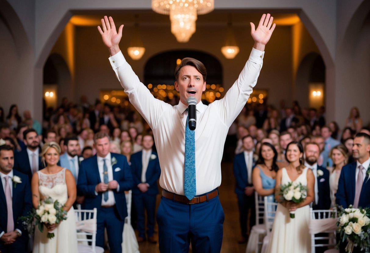 A figure stands at the center of a crowded reception, raising their arms and speaking into a microphone. The crowd looks on with anticipation as they announce the arrival of the bride and groom