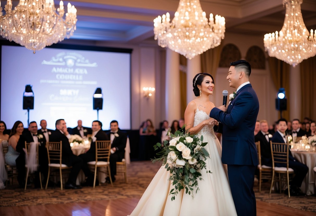 A grand chandelier-lit ballroom with a spotlight on a stage, where a regal announcer introduces the bride and groom at their reception