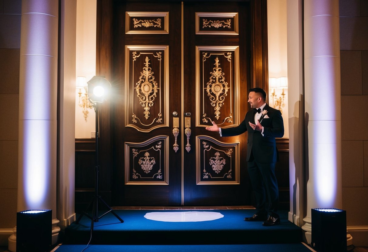 A spotlight shines on the ornate double doors as the emcee gestures to welcome the newlyweds, setting the stage for a grand entrance
