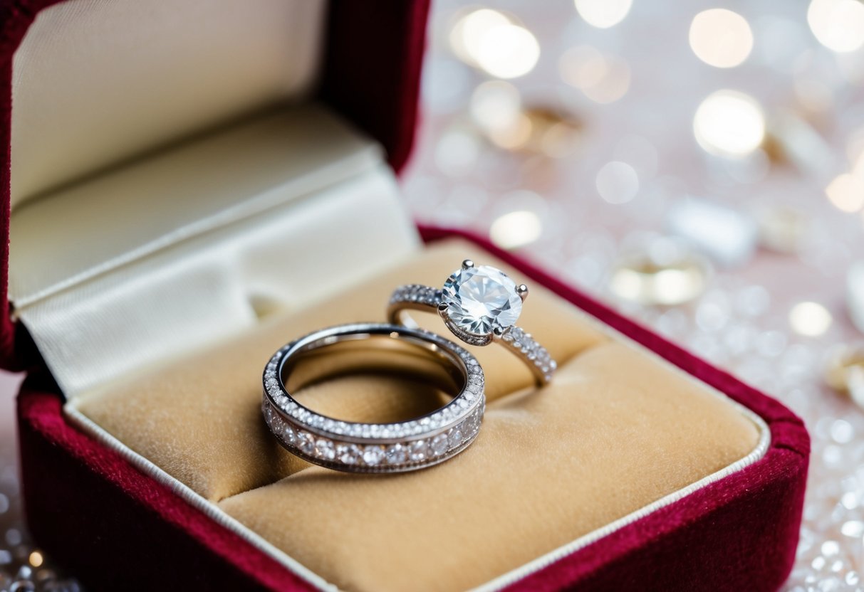 Two sparkling engagement rings resting on a velvet cushion in a jewelry box