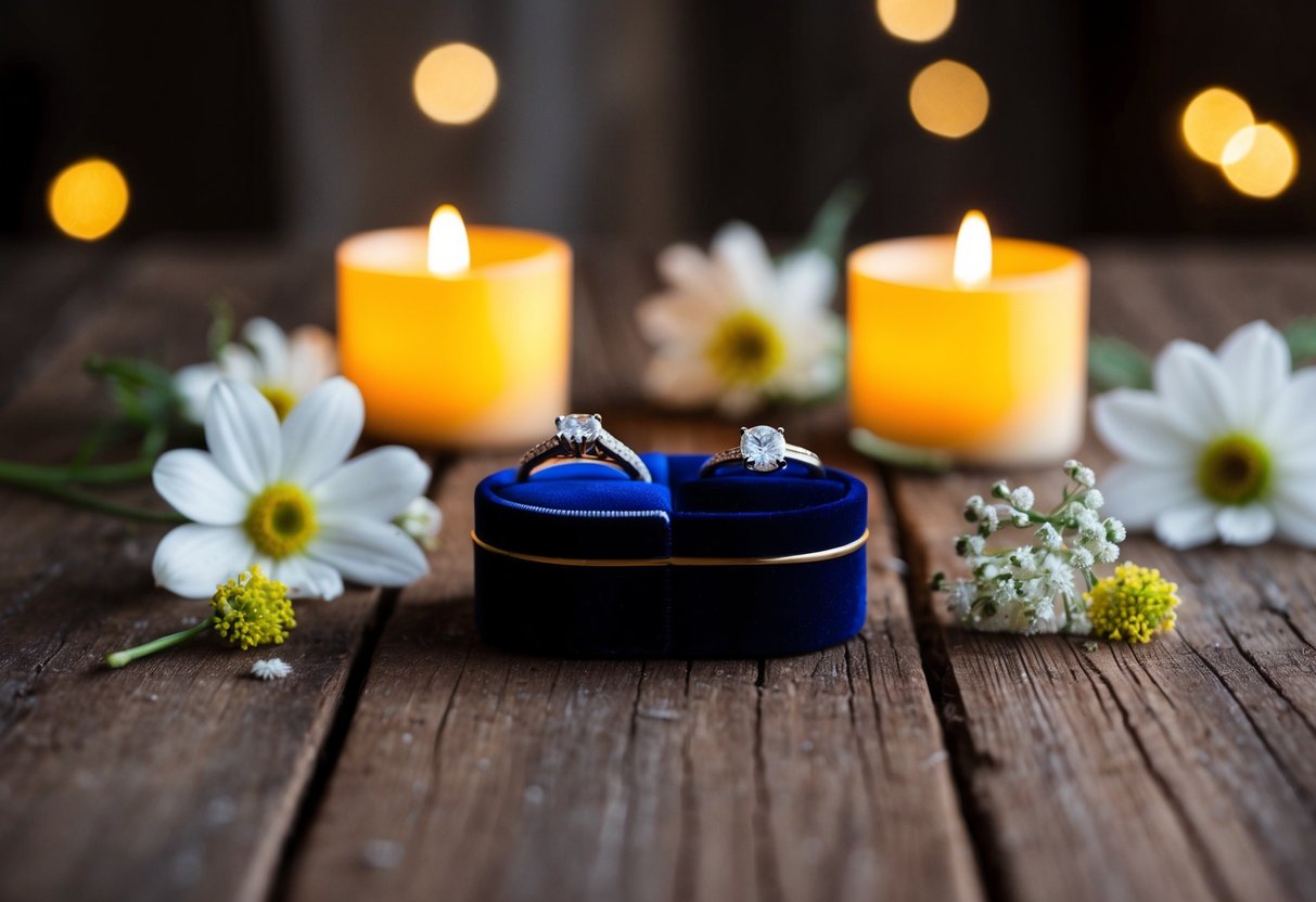 A small velvet box holds two sparkling engagement rings on a rustic wooden table, surrounded by delicate flowers and flickering candlelight