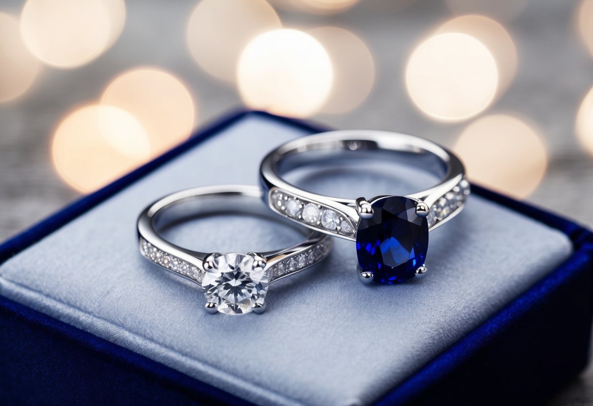 Two engagement rings resting on a velvet cushion, one adorned with diamonds and the other with a sapphire, glistening under soft lighting