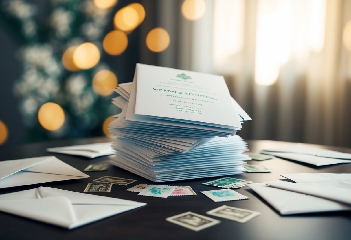 A stack of unmailed wedding invitations on a table, surrounded by scattered envelopes and stamps