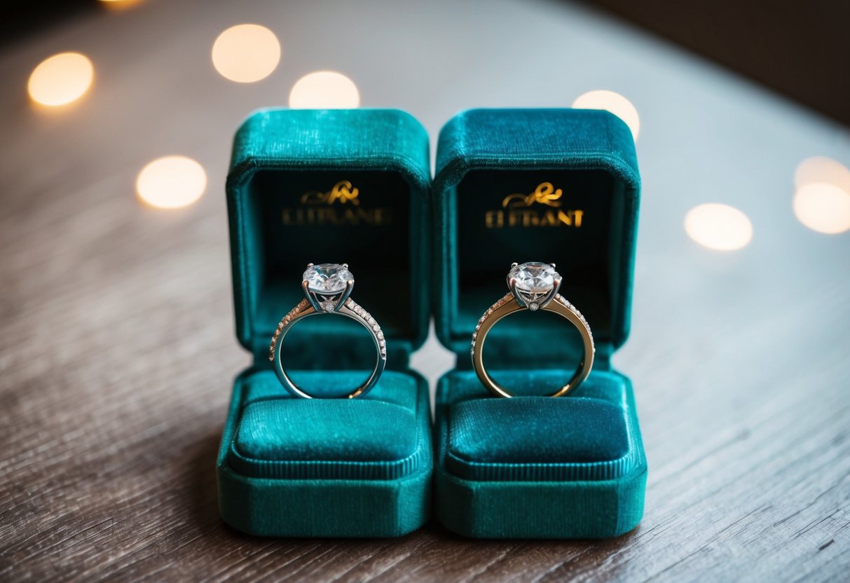 Two elegant engagement rings displayed on a velvet cushion, sparkling under soft lighting