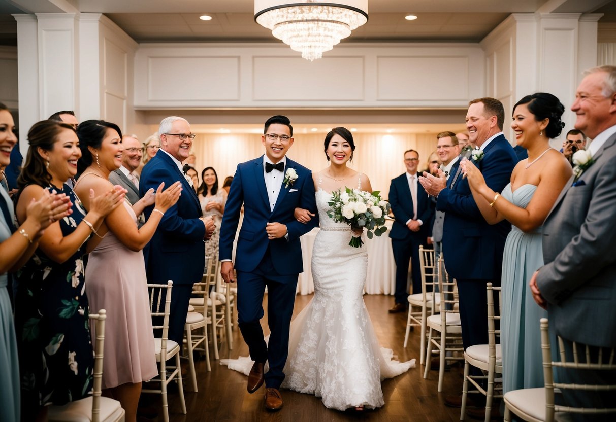 The newlyweds are announced first at the wedding reception, entering the room to the cheers of the guests