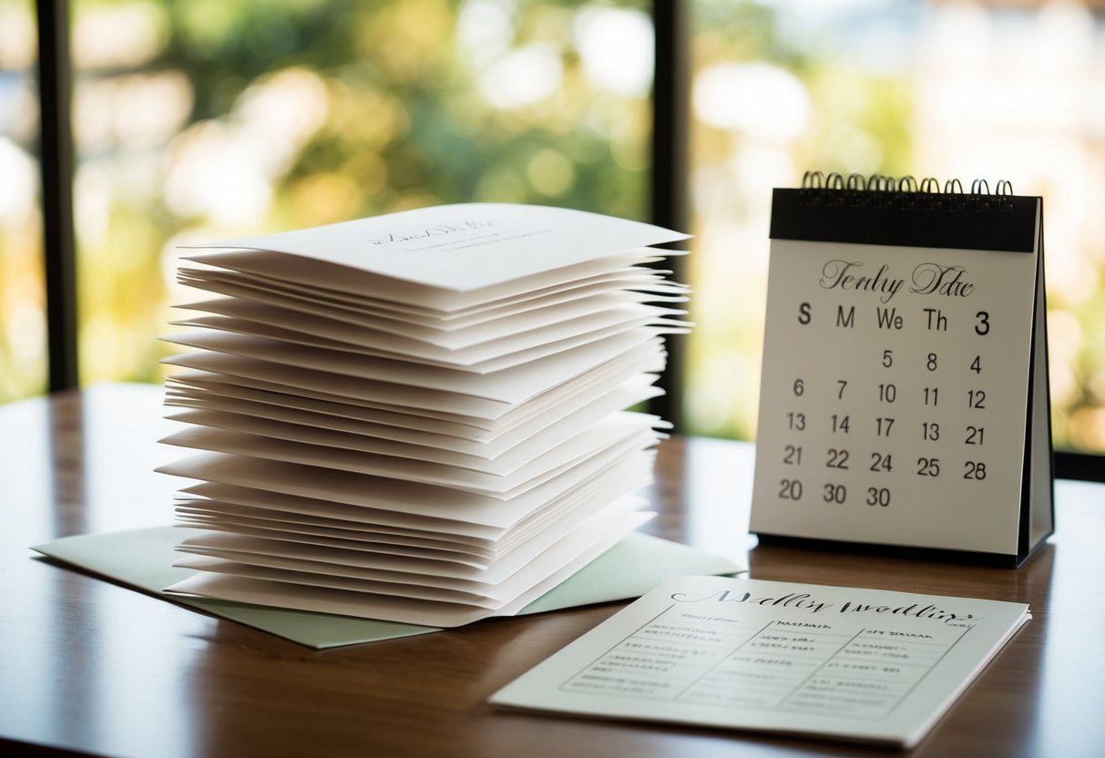 A stack of unmailed wedding invitations sits on a table, surrounded by a calendar showing the date 5 weeks before the wedding