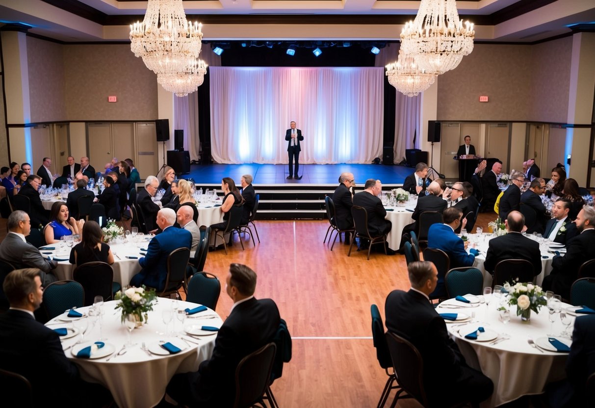 Guests seated at round tables, a dance floor in the center, and a stage with a microphone for announcements