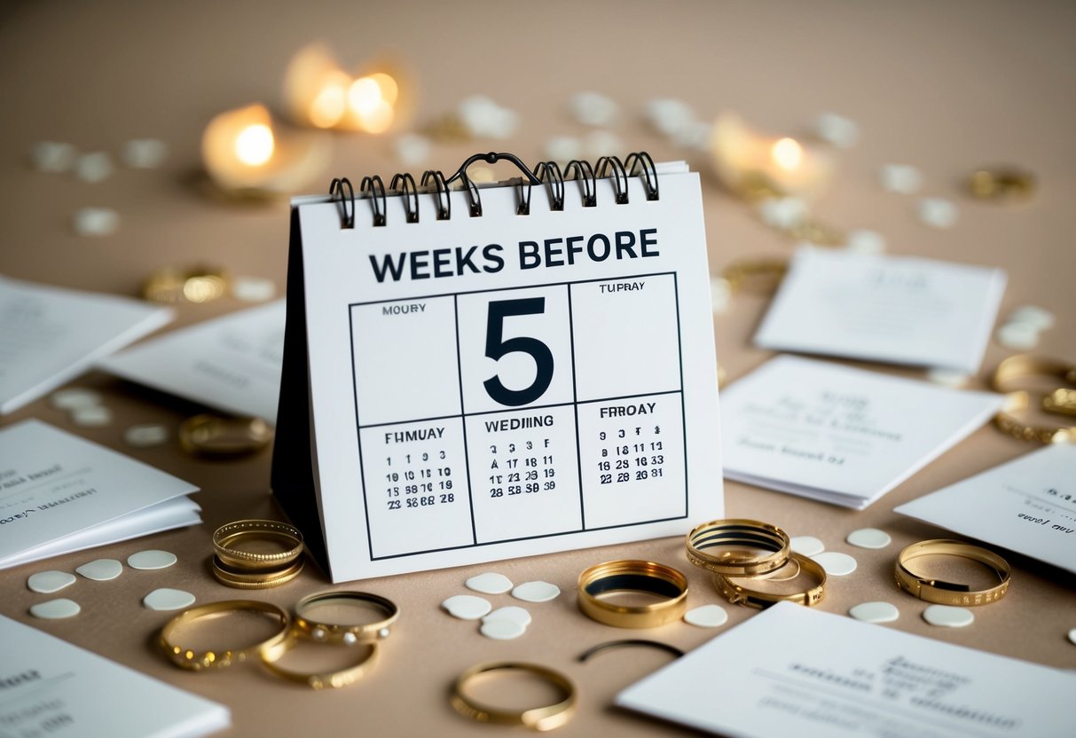 A calendar with the date 5 weeks before a wedding, surrounded by scattered, unmailed invitations