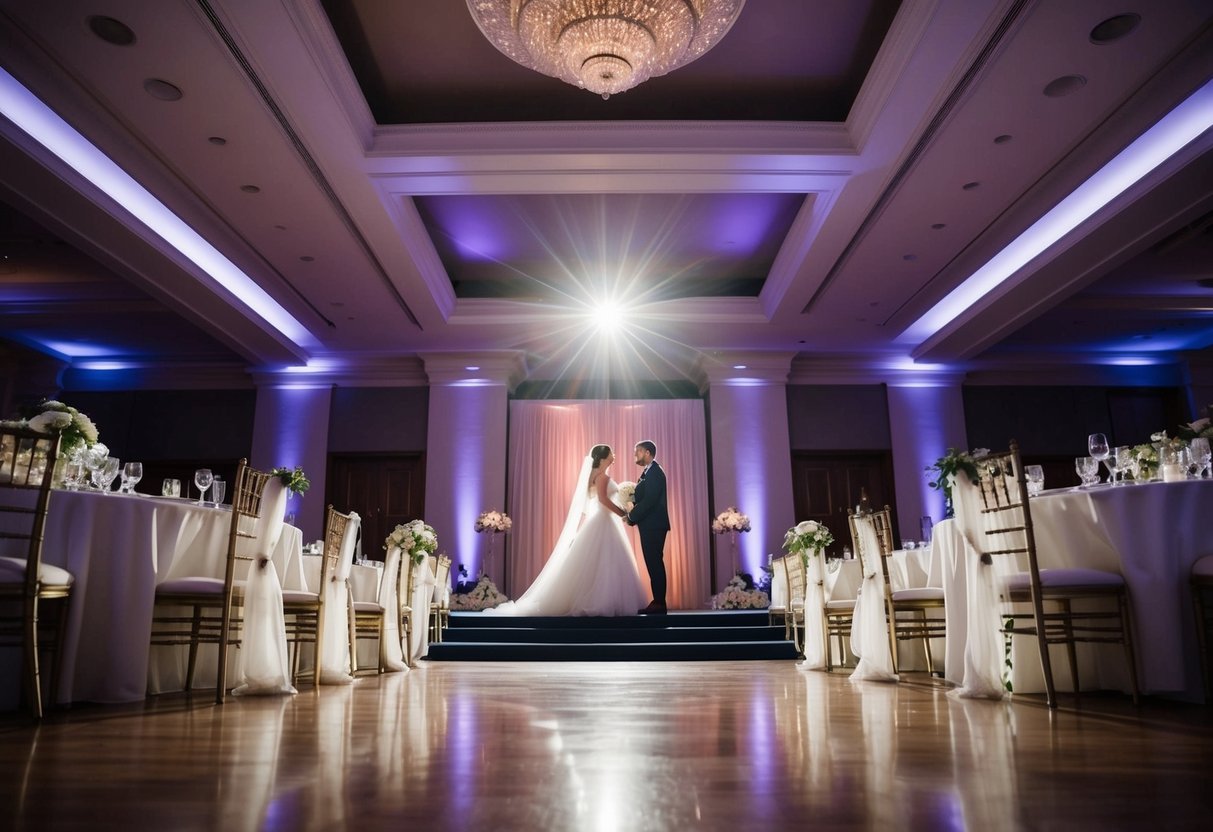 A grand ballroom with a spotlight shining on the entrance, where a couple's name is announced first at a wedding reception