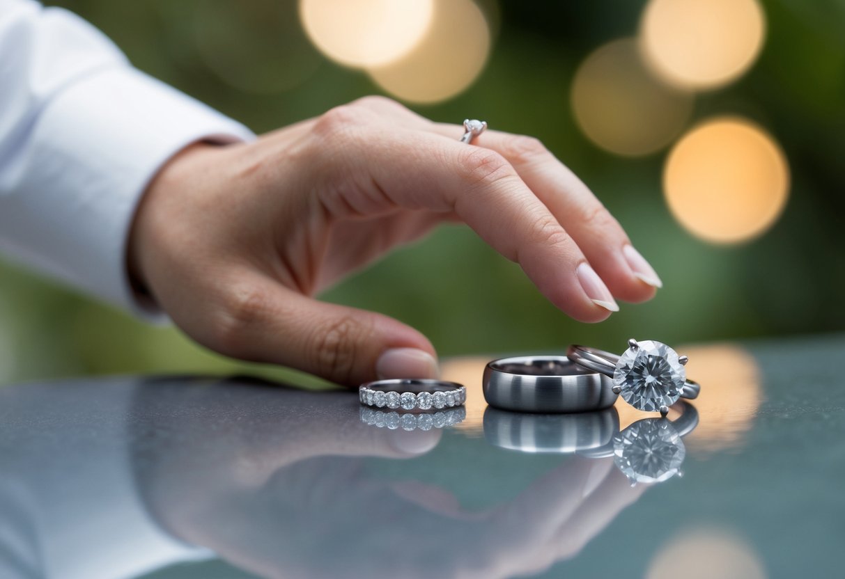 A hand reaches for a wedding band and an engagement ring, both resting on a smooth, polished surface