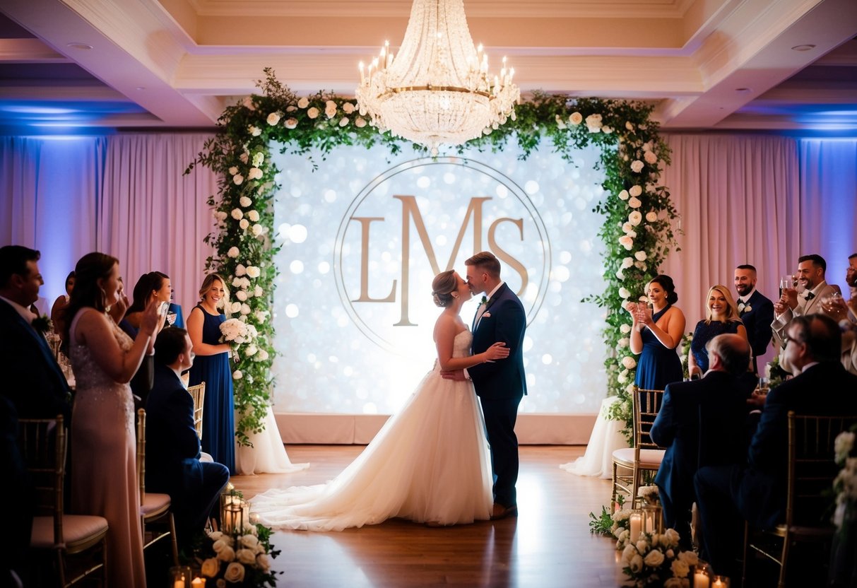 A couple's monogram projected onto a grand entrance at a wedding reception