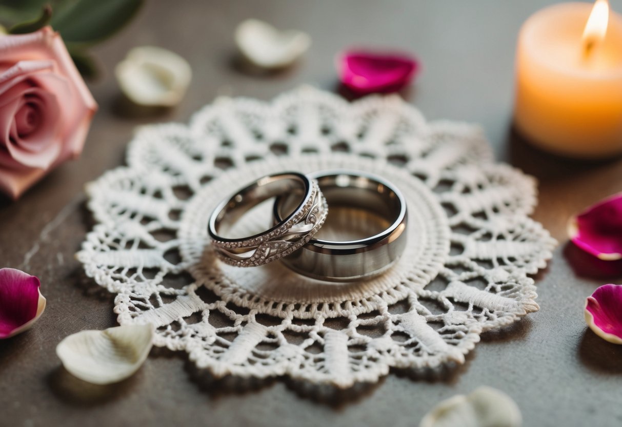 A pair of entwined wedding rings placed on a delicate lace doily, surrounded by scattered rose petals and a flickering candle