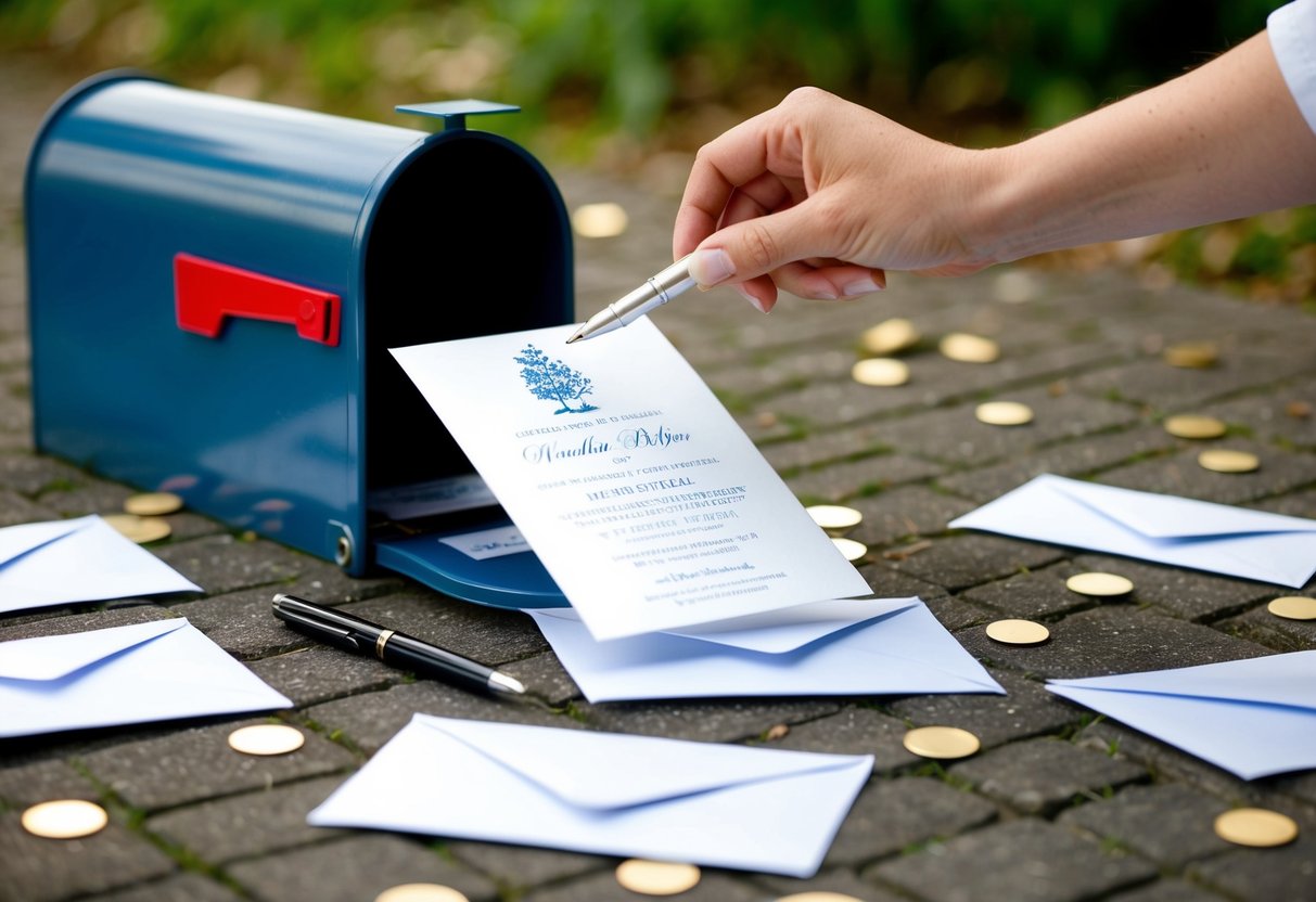 A wedding invitation being dropped into a mailbox, surrounded by scattered envelopes and a pen