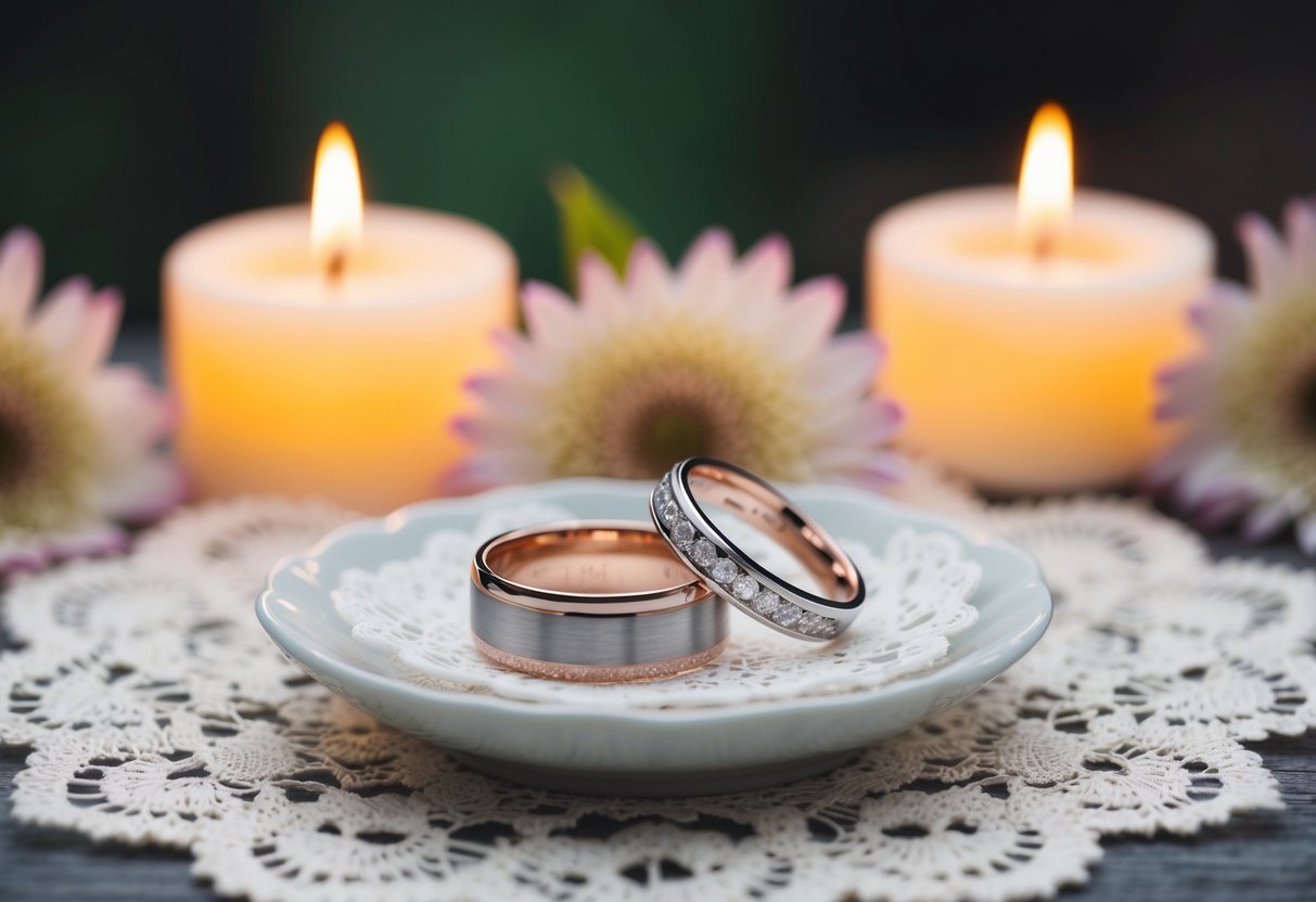 A pair of elegant wedding rings placed on a bed of delicate lace, surrounded by blooming flowers and a soft, glowing candlelight