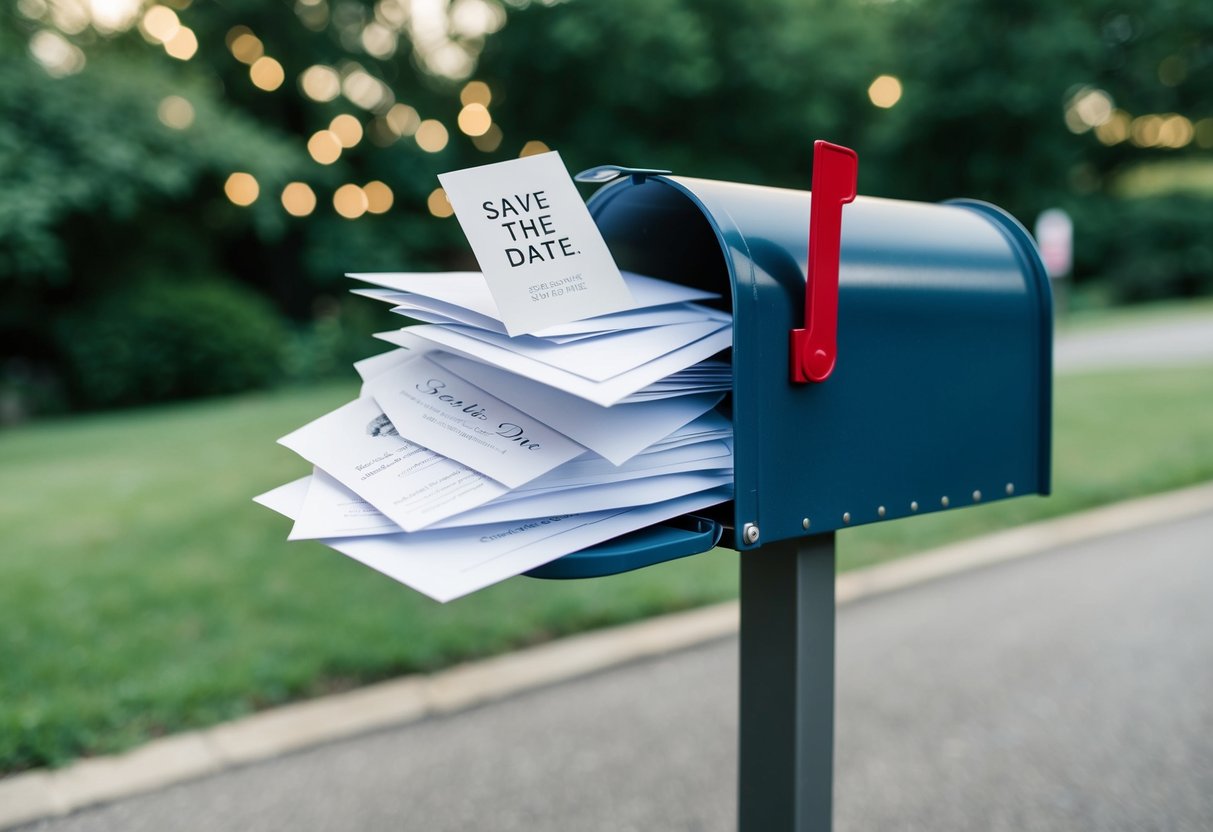 A mailbox overflowing with wedding invitations, with a "Save the Date" card taped to the front