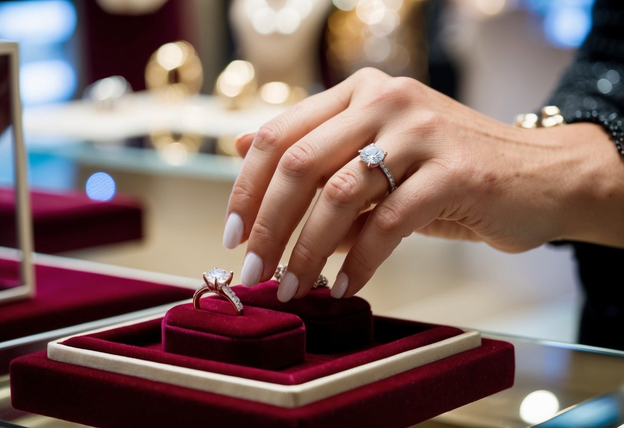 A hand places two wedding rings on a velvet display in a jewelry store