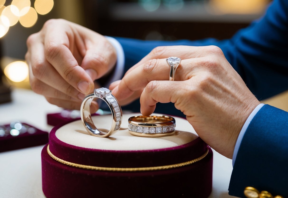 A jeweler carefully inspects two gleaming wedding bands, arranging them on a velvet display