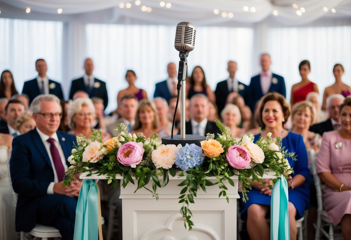 A microphone stands on a decorated podium in front of a gathering of guests. Flowers and ribbons adorn the area