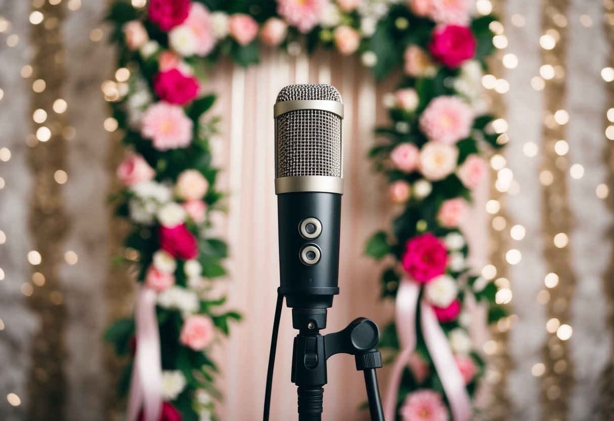 A microphone on a stand in front of a decorative backdrop with flowers and ribbons
