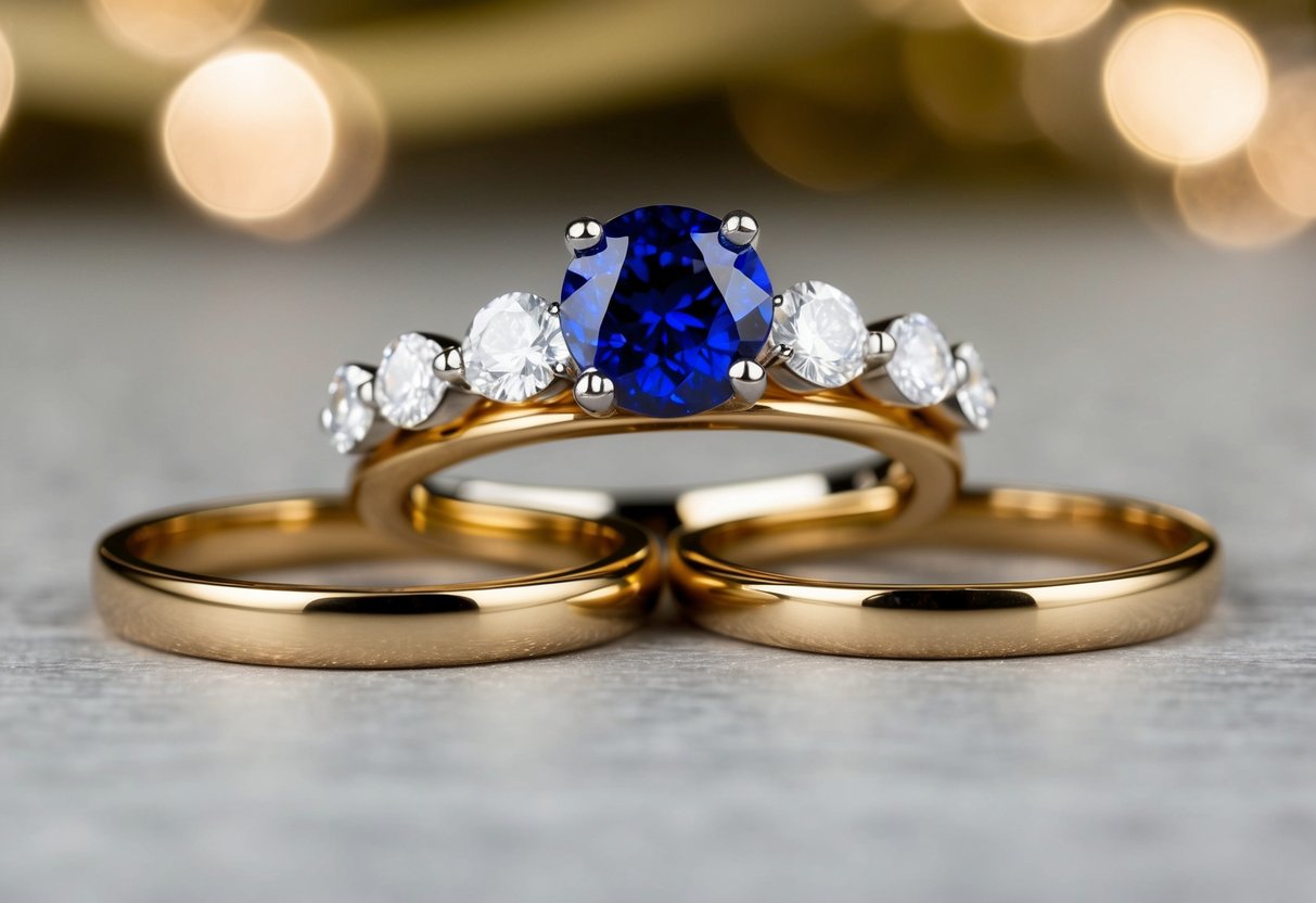 A glittering sapphire and diamond engagement ring nestled between two slender gold bands
