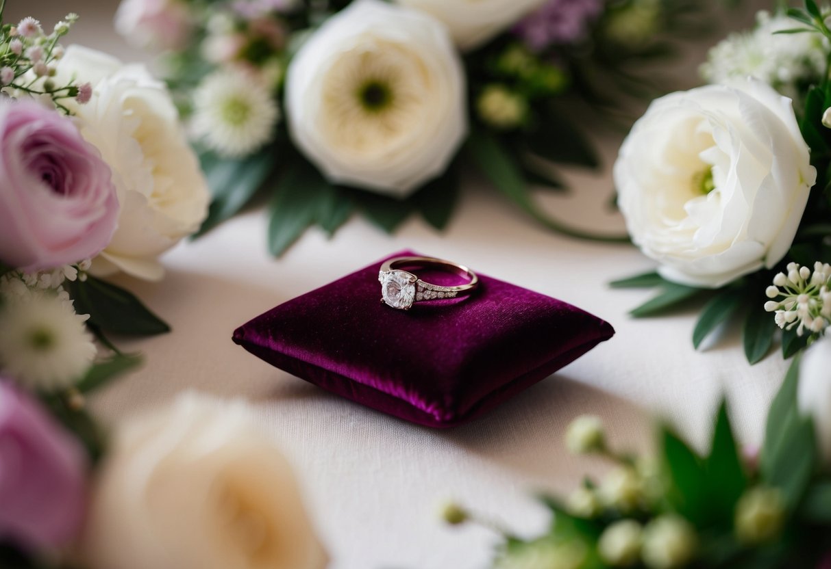 A close-up of Kate Middleton's wedding ring on a velvet cushion, surrounded by soft lighting and elegant floral arrangements