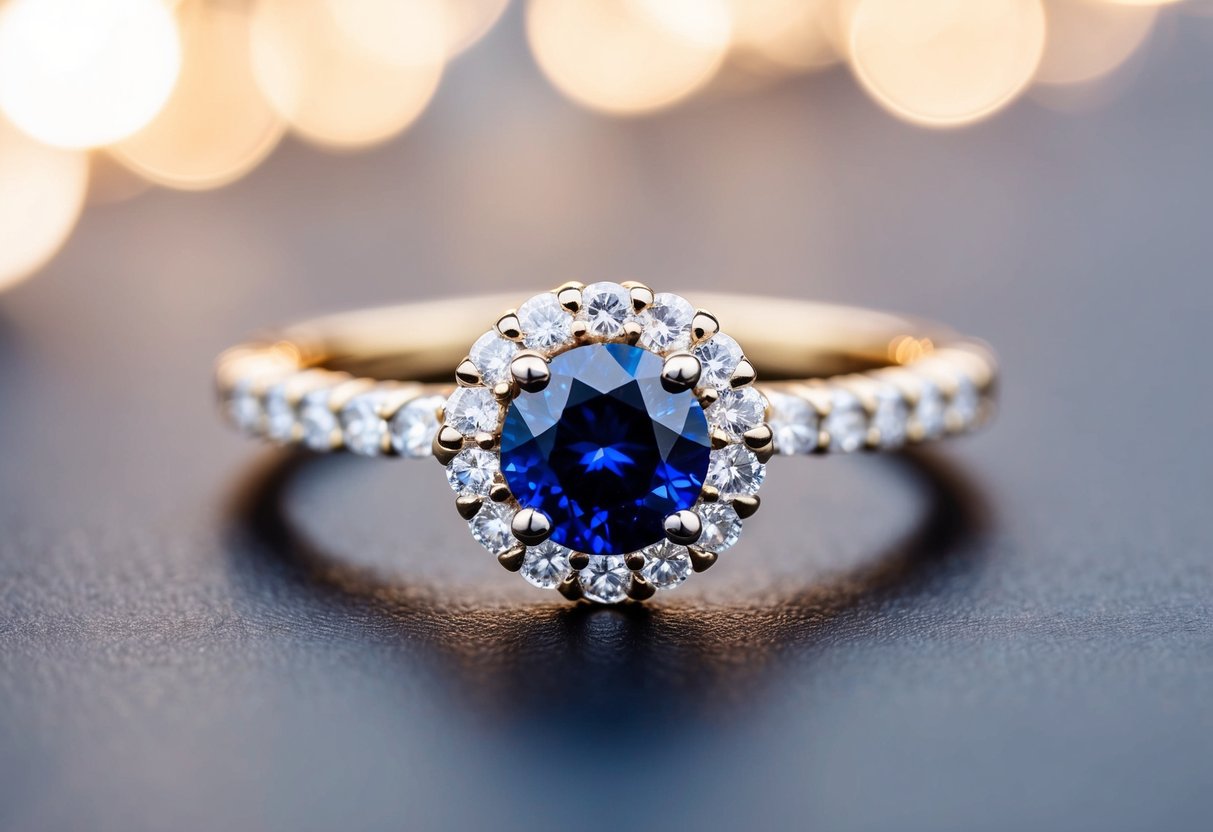 A sparkling diamond engagement ring with a sapphire center stone