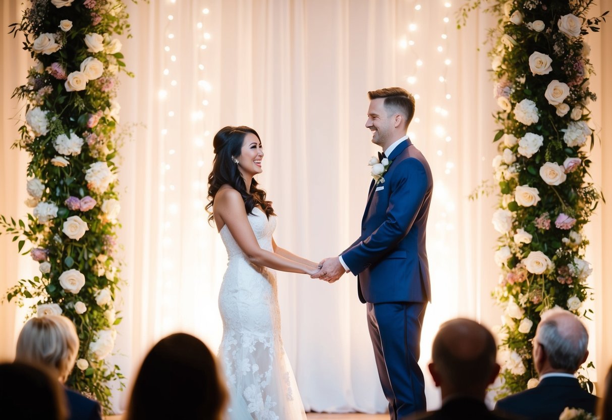 A couple standing on a decorated stage, surrounded by flowers and lights, smiling as they hold hands and announce their wedding