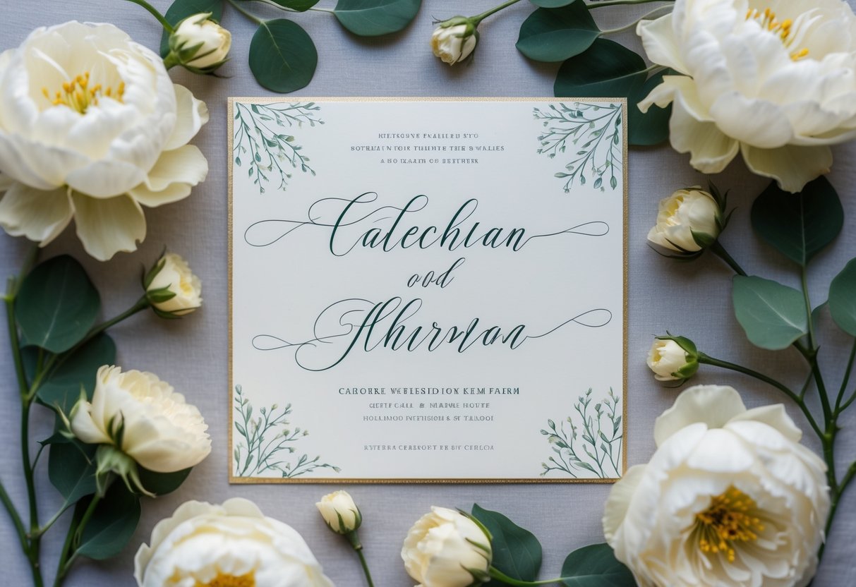A couple's names written in elegant calligraphy on a wedding invitation surrounded by delicate floral designs