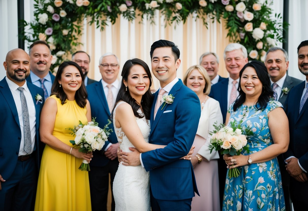 A couple standing together, smiling, surrounded by friends and family, with a decorative backdrop and floral arrangements