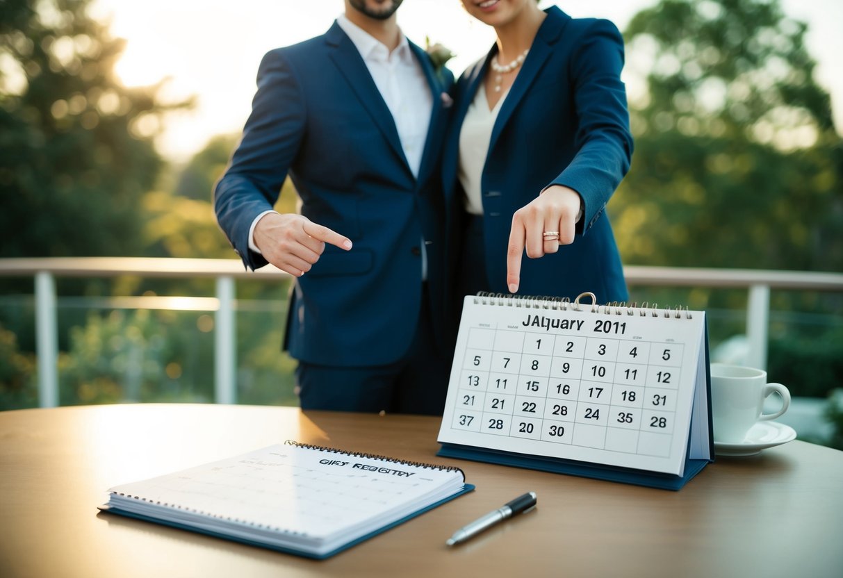 A couple standing in front of a calendar, pointing to a date. A gift registry list on the table next to them