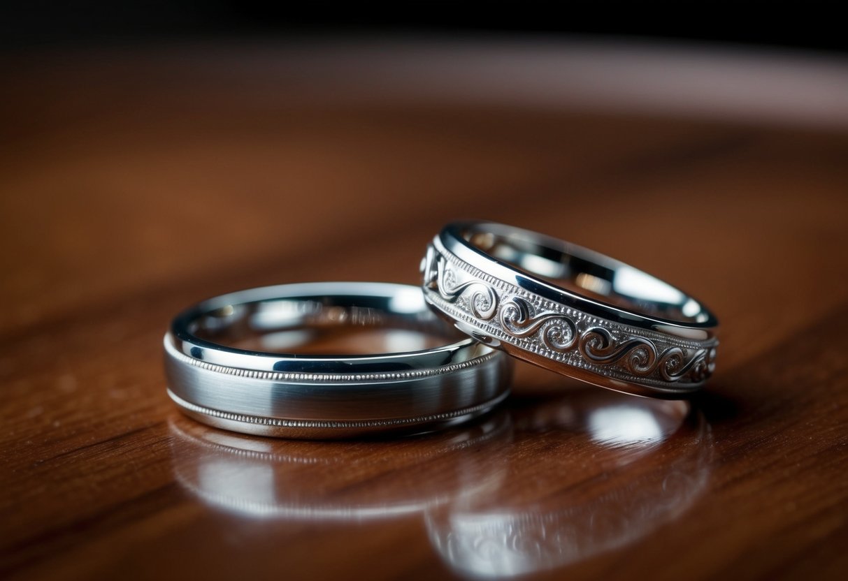 A second wedding band lies next to the original on a polished wooden surface, catching the light with its intricate design