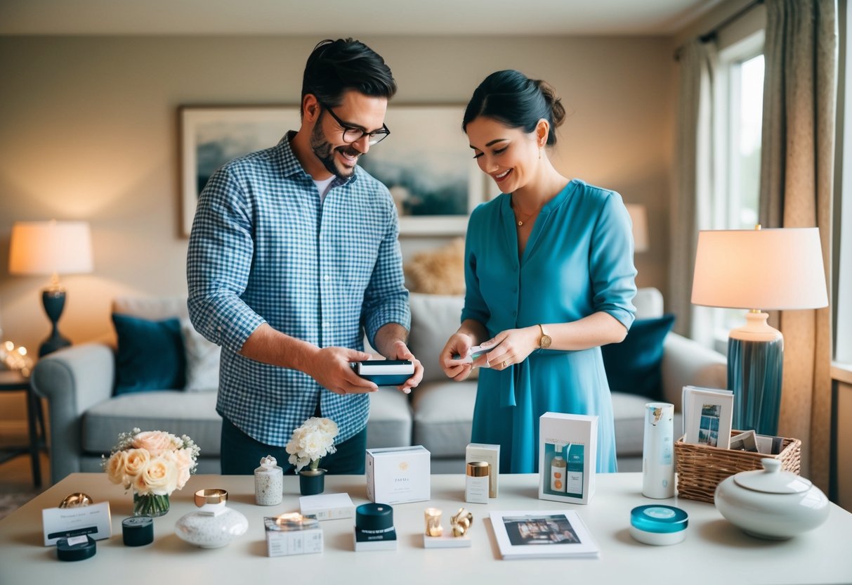 A couple stands in a cozy living room, surrounded by potential registry items. They carefully select and arrange items on a table