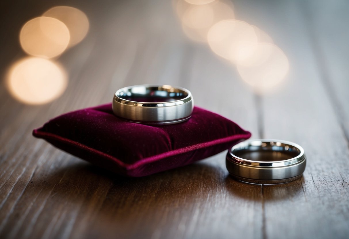 A couple's first wedding band lies on a velvet cushion, while a second band rests nearby, symbolizing their enduring love and commitment