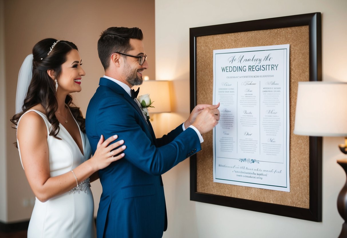 A couple placing a wedding registry announcement on a bulletin board