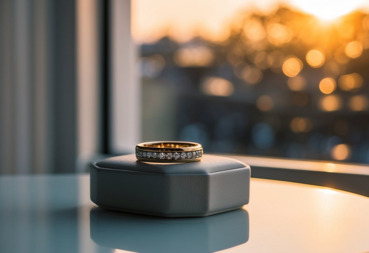 A second wedding band rests on a bedside table, catching the warm glow of morning sunlight streaming through the window