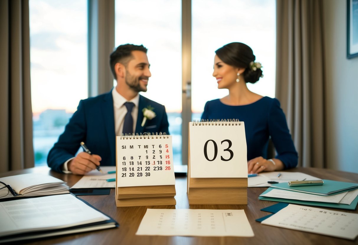 A couple sits at a table, surrounded by wedding planning materials. A calendar shows the current month, with a date circled eight months in the future