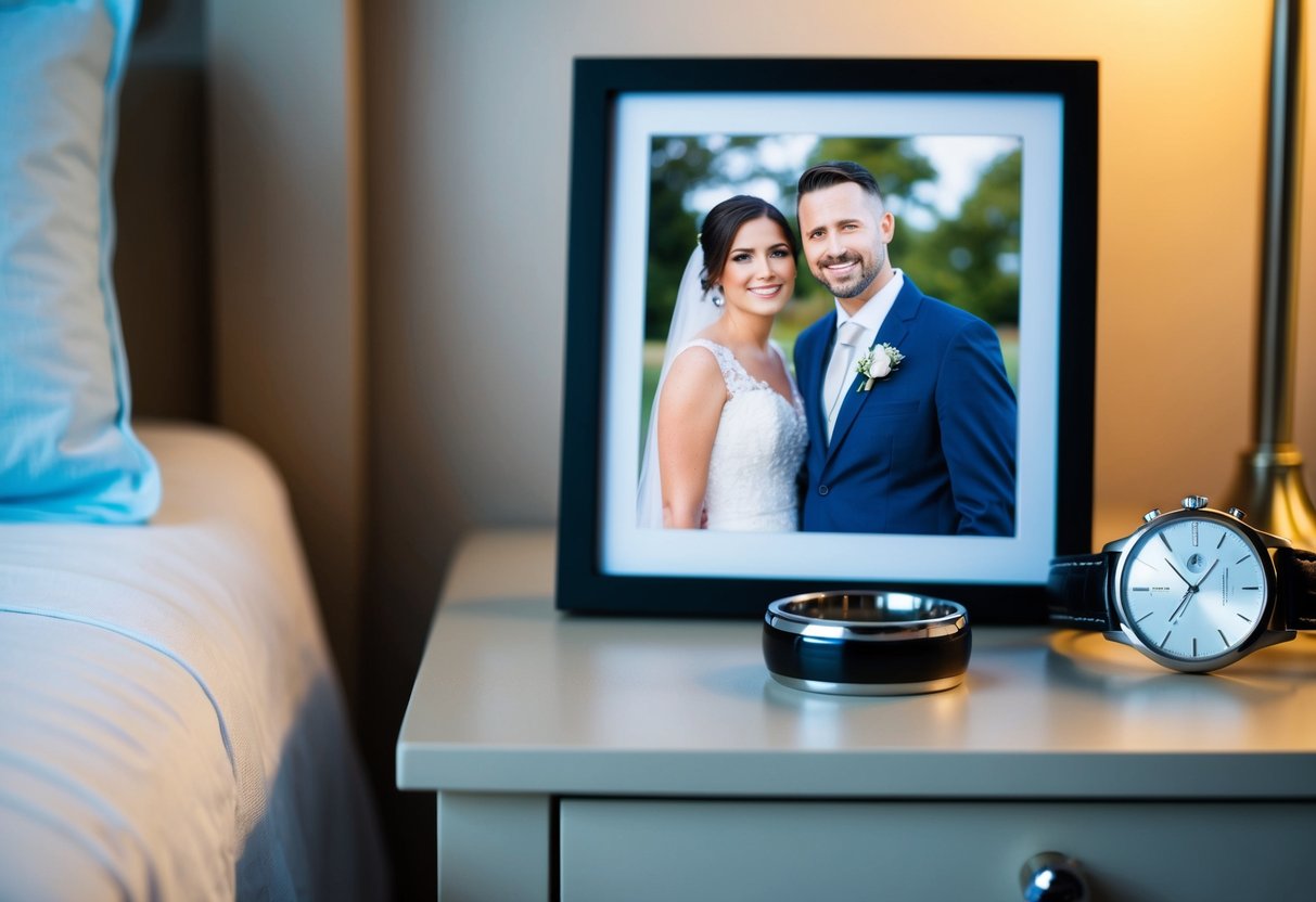 A man's wedding ring sits on a bedside table, next to a watch and a photo of him and his spouse