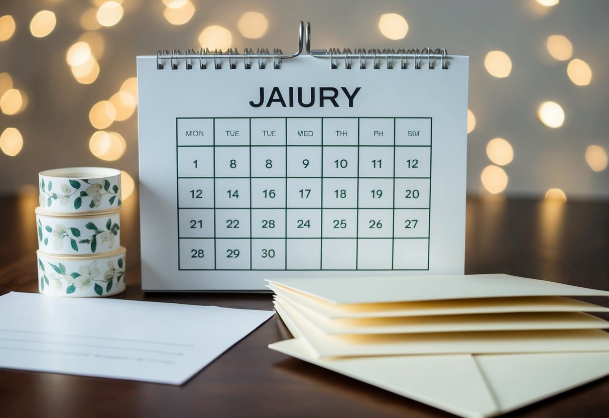 A calendar with a circle around the date, wedding-themed decorations, and a stack of blank invitations