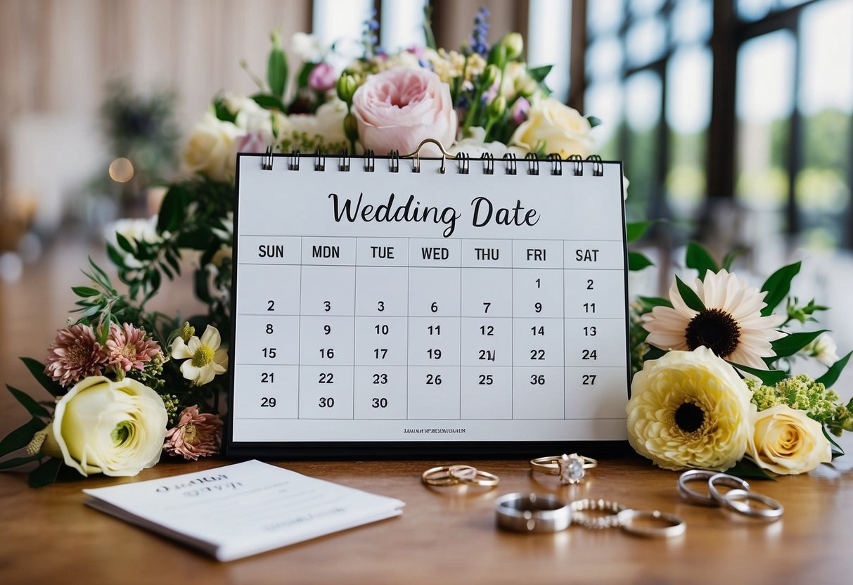 A calendar with the current date and a wedding date three months in the future, surrounded by various wedding-related items such as flowers, rings, and a venue