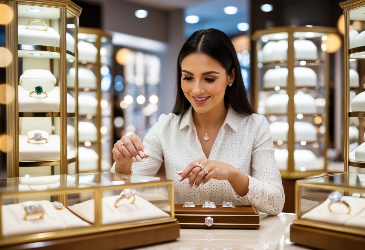 A woman browsing engagement rings in a jewelry store, surrounded by sparkling displays and elegant cases