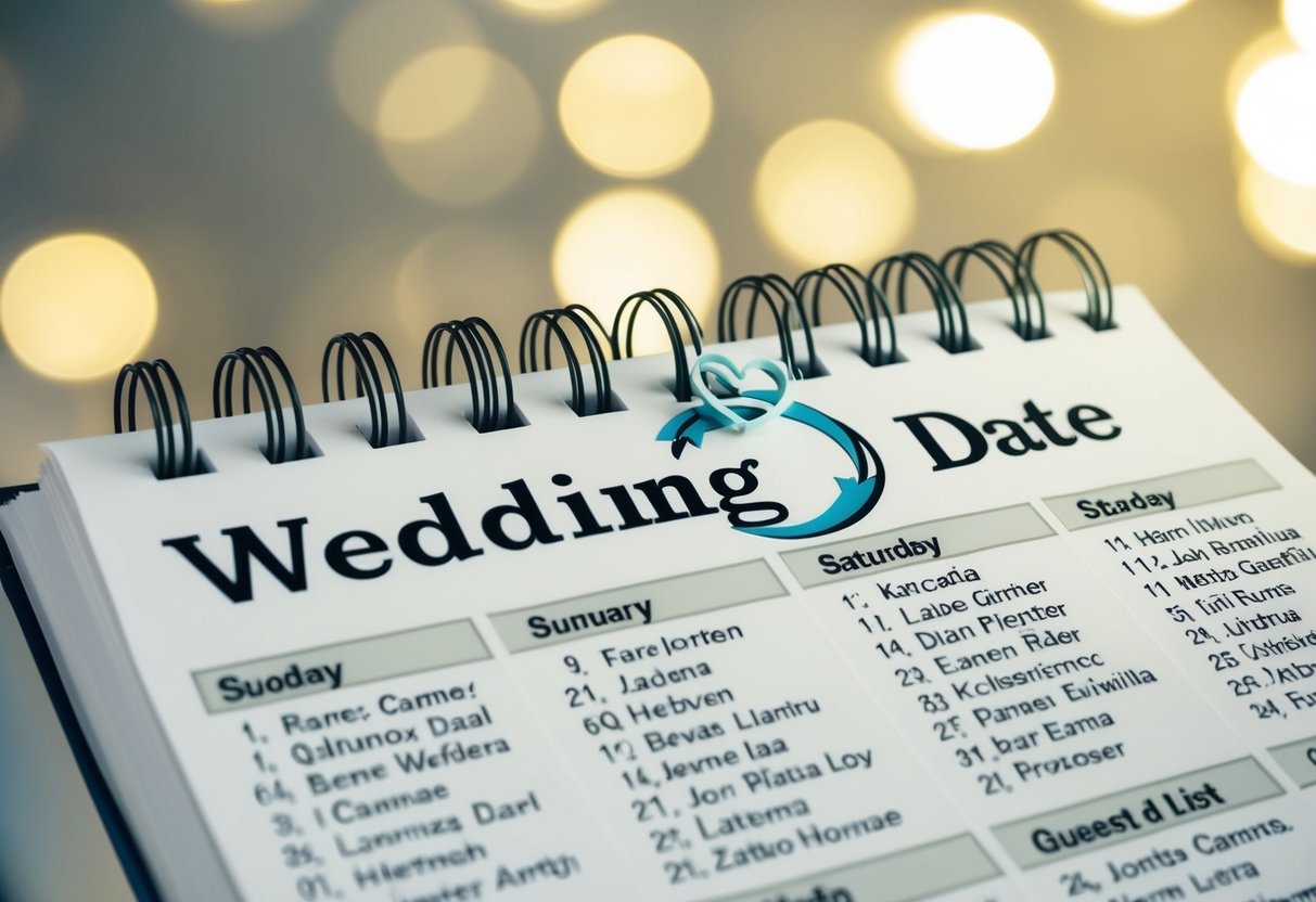 A calendar with a wedding date circled, surrounded by various names and potential guest lists for the event