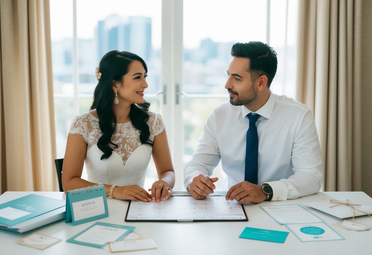 A couple sits at a table with a calendar, discussing wedding plans. Invitations and destination details are scattered around them
