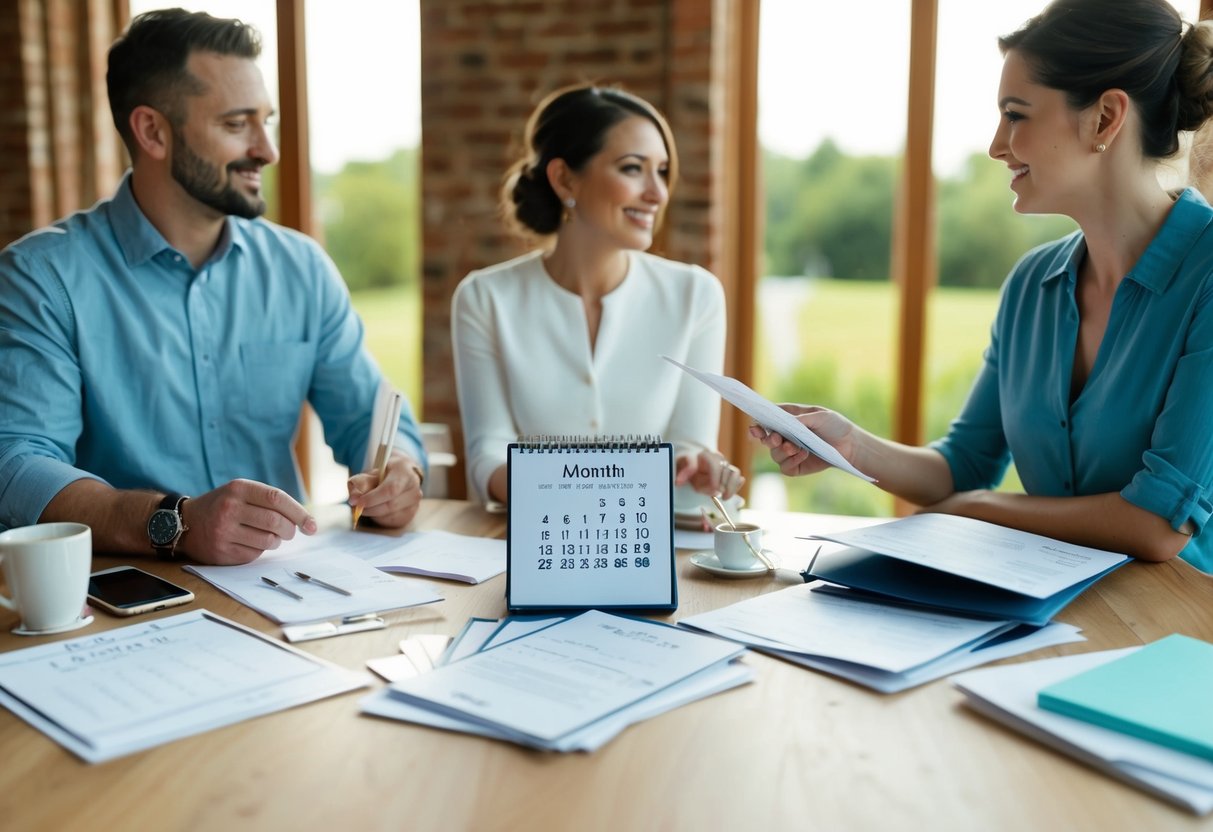 A couple sits at a table, surrounded by wedding planning materials. A calendar with a date three months away is circled, and they discuss invitation details
