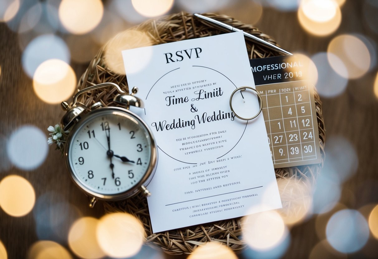 A wedding invitation surrounded by a calendar with the date of the wedding circled, and a clock showing the time limit for RSVP