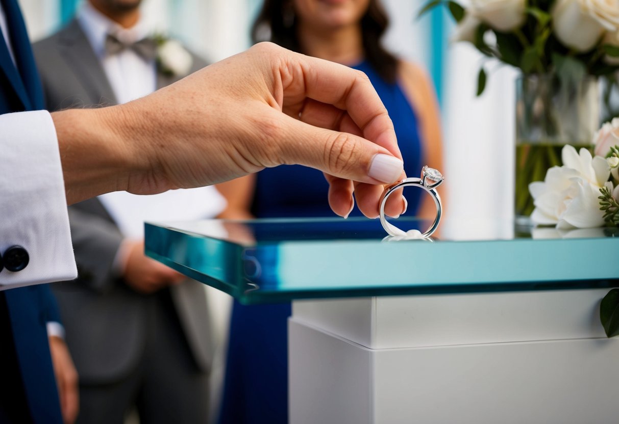 A hand reaches out to place a wedding ring on a sleek, modern podium, surrounded by personalized touches and contemporary decor