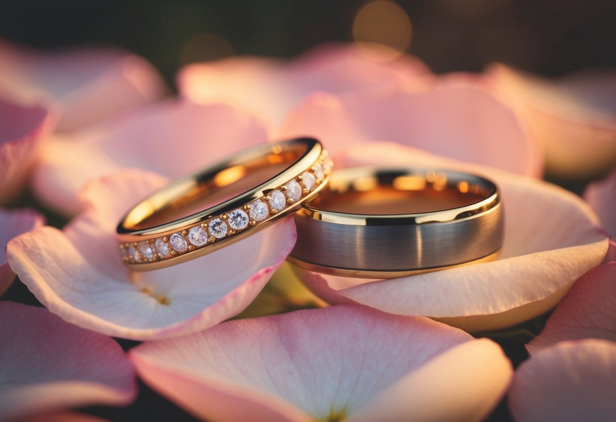 A pair of golden wedding rings resting on a bed of fresh rose petals. A soft, warm light illuminates the scene, casting a romantic glow