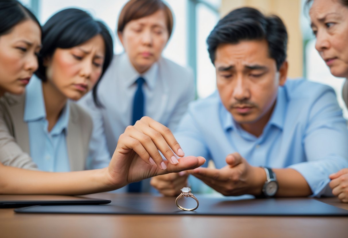 A person placing an engagement ring on a table, surrounded by a mix of sad and determined facial expressions